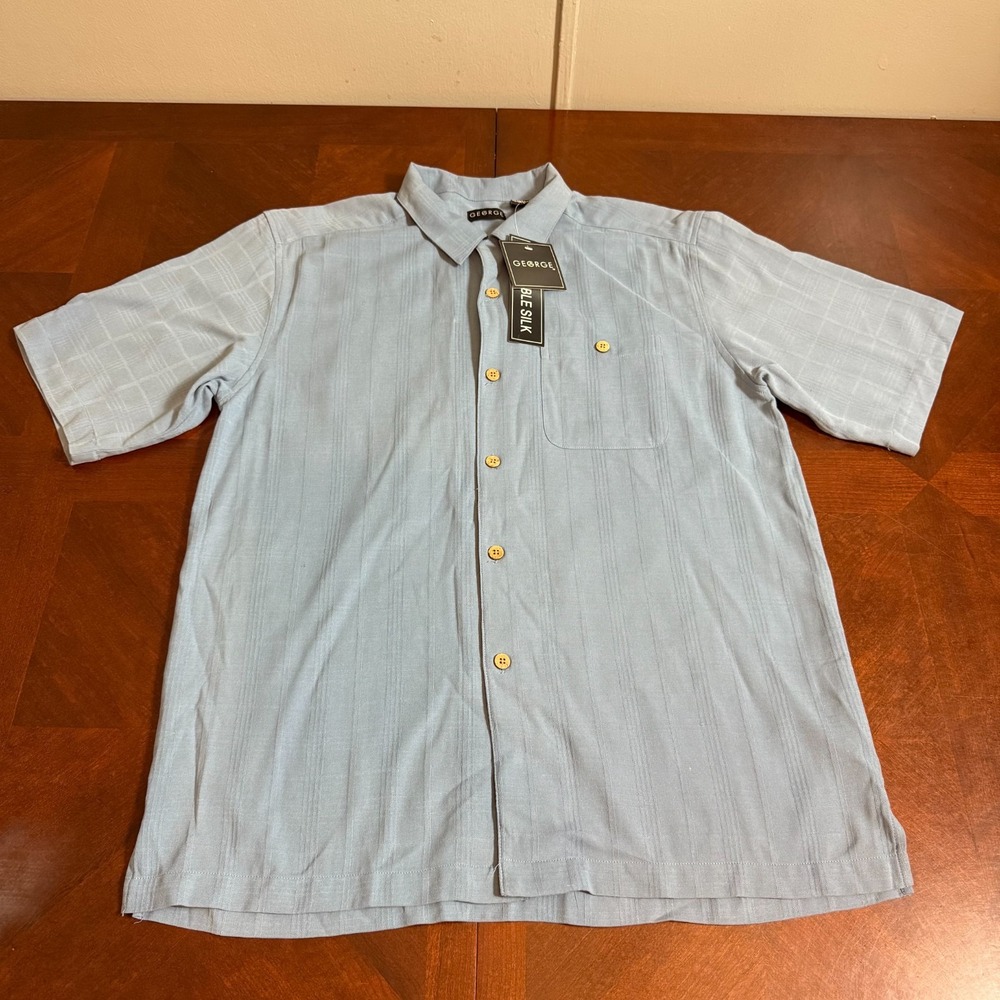 George‎ 100% Silk Men's M Short Sleeve Button Front Shirt Blue Textured NWT